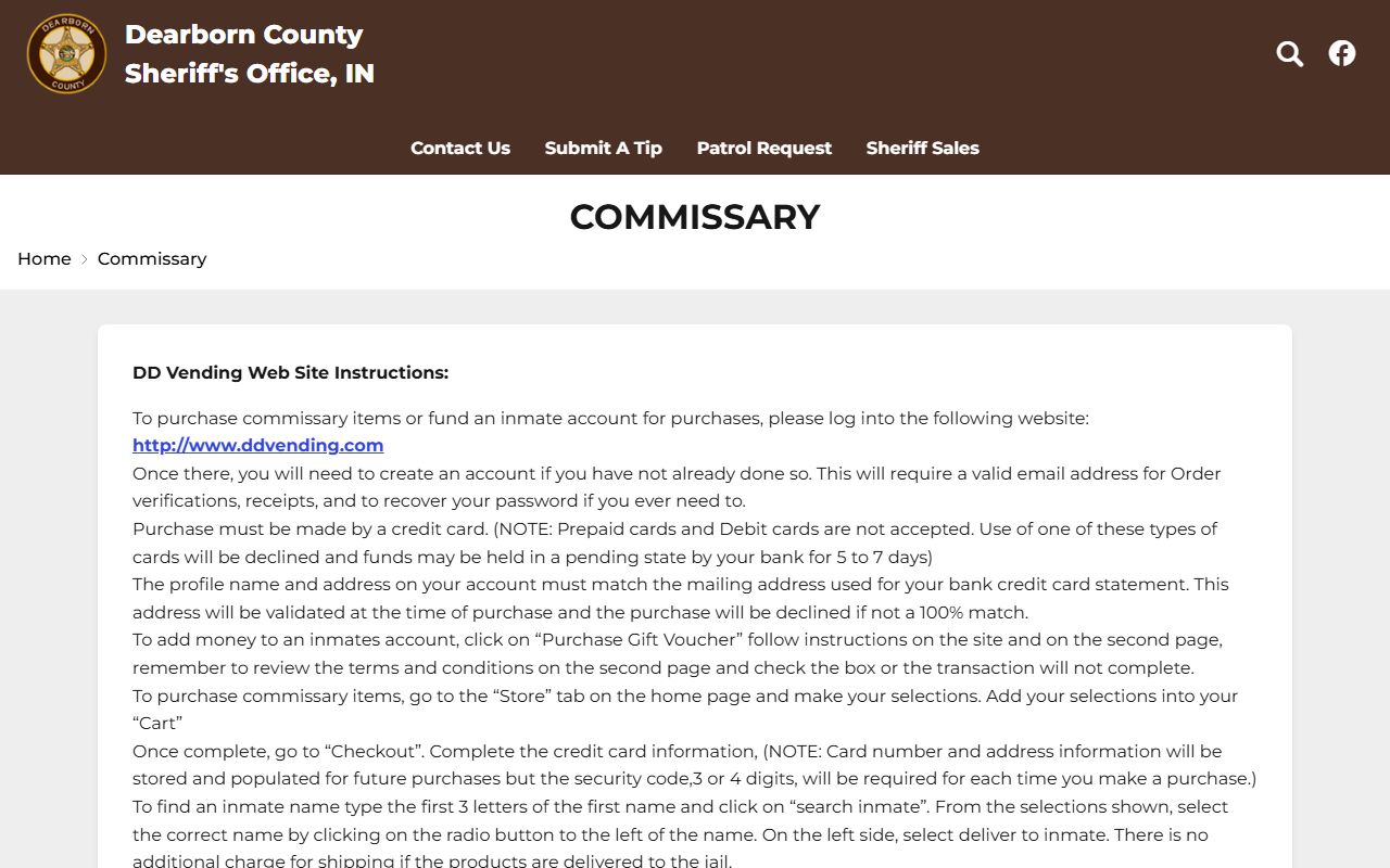 Dearborn County Law Enforcement Center commissary information page