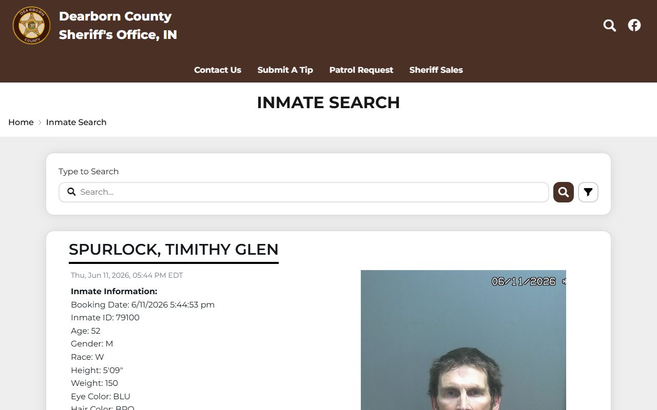 Dearborn County Law Enforcement Center inmate roster search with jail booking photos