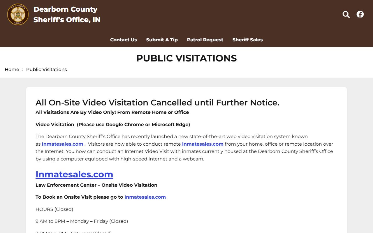 Dearborn County Law Enforcement Center public visitation information page