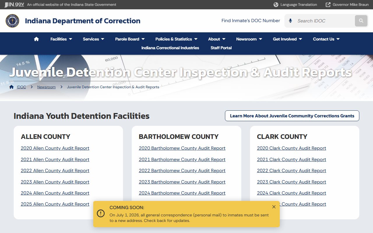 Dearborn County Juvenile Center IDOC juvenile detention audit report list